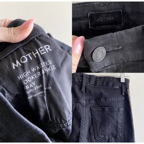 Mother High Waisted Looker Ankle Fray Guilty Flash Jean Beaded Stripe Black 25 - Picture 4 of 5